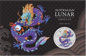 Lunárna séria III., Drak 2024 1 OZ fialová minca v karte