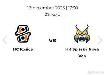 Predam 2 listky na hokejovy zapas Kosic dna 17.12. v Kosicia