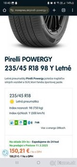 PIRELLI powergy 235/45 r18 DOT 11/2023, letne + 2 letne cont