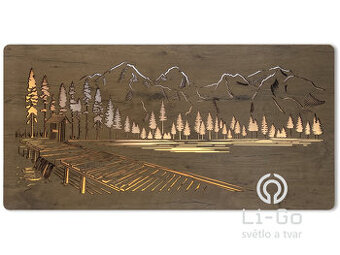 Podsvietený drevený obraz "Hory, les a jazero" - 120x60 cm