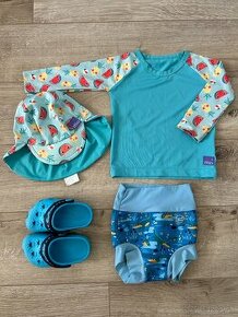 Dojčenské plavky, tričko do vody, crocsy, okuliare Kietla