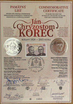 predám pamätný list k 10 € Ján Chryzostom Korec