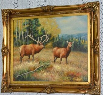 Zámecký obraz - Jelen s laní- olej na plátně