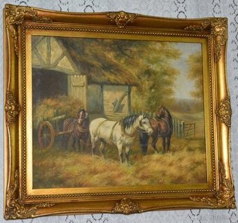 Zámecký obraz - U stáje - olej na plátně