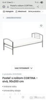 Predám posteľ s roštom CORTINA - sivá, 90x200 cm