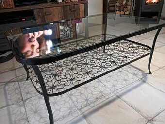 Konferenčný stolík, čierny kov + sklo - 1