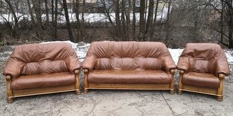 Kožená sedacia súprava 3+2+1 s masivnym drevom