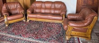 Dubová rustikální kožená sedací souprava, 3+1+1, č. 3791