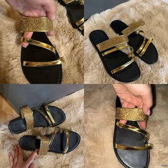 black/gold crystals damske nove slapky-sandalky
