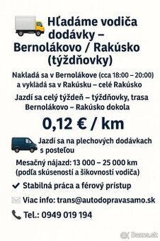 Hľadáme vodiča dodávky – turnusy Žilina