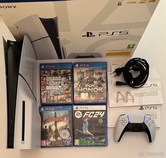 Playstation 5 Slim + 1x ovládač + krabica + 4 hry
