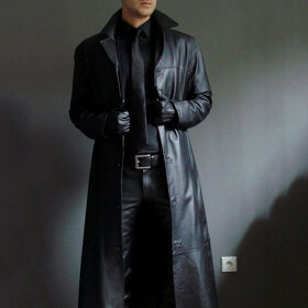 dlhý pánsky čierny kožený kabát - veľkosť XL/XXL