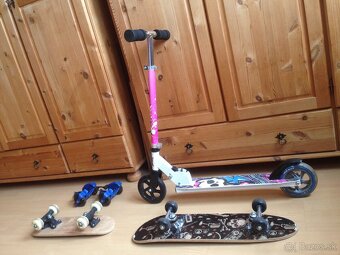 Detská kolobežka, skateboard, LED kolieska na topánky