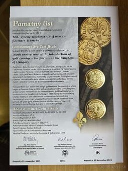 Pamätný list Zavedenie zlatej mince - dukátu v Uhorsku