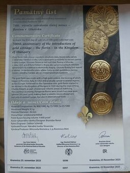 Pamätný list Zavedenie zlatej mince - dukátu v Uhorsku