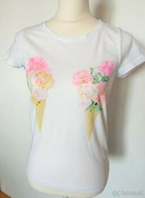 Biele tričko s potlačou - kornútiky s kvetmi - 1