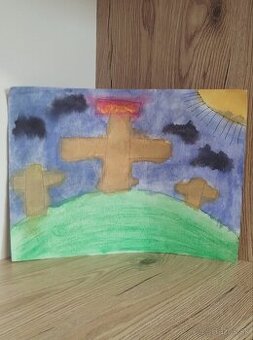 Detský kresťanský obrázok - Kríže na kopci (formát A4)