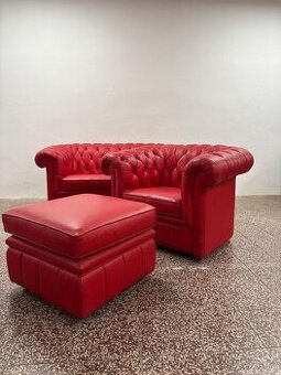 CHESTERFIELD ŠTÝL,KOŽENÁ SEDAČKA NEROZŤAHOVACIA 2+1+TABURET