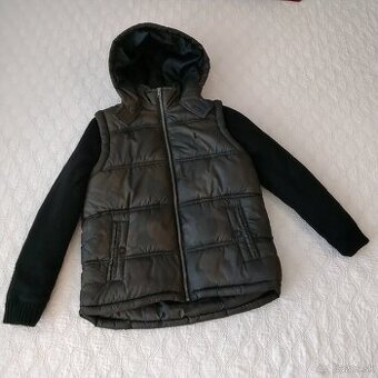 Teplá maskáčová hybridná army puffer bunda/vesta s kapucňou