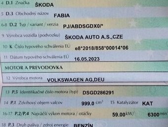 Škoda Fabia IV 1.0 MPI 59kW 2024 Predám Motor DSG 286 291, M