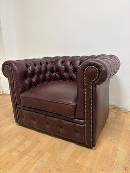 CHESTERFIELD ŠTÝL,NOVÉ KRESLO KOŽENÉ TMAVOBORDOVÉ