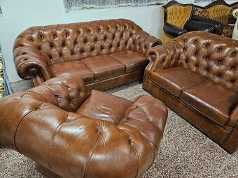 CHESTERFIELD ŠTÝL,HRUBOKOŽENÁ SEDAČKA 3+2+1,NEROZŤAHOVACIA