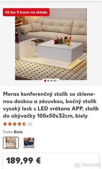 Konferenčný stolík so zásuvkou, biely vysoký lesk s LED 100x