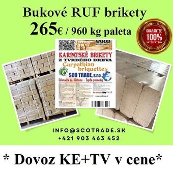 Drevené bukové RUF brikety domácnostiam