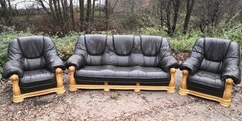 Kožená sedací souprava 3+1+1 s mas. dubovým dřevem TOP STAV