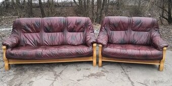 Kožená sedací souprava 3+2 s masiv.dřevem-TOP STAV