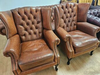 CHESTERFIELD ŠTÝL,KOŽENÁ 2x GAUČ+2xKRESLÁ UŠÁK,NEROZŤ.
