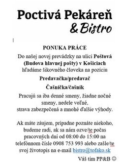 Predavačka / Predavač / Čašník / Čašníčka - Košice