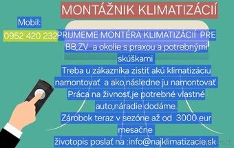 Prijmeme montéra klimatizácií pre Banskú Bystricu,Zvolen a o