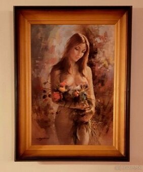 Predám obraz-olejomaľba-akt ženy s kvetmi v drevenom ráme