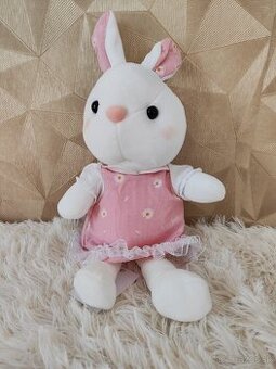 Plyšová hračka, zajačik s ružovými šatami, bielo-ružový