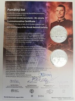 Pamätný list 10€ 2024 - SNP číslo 1616 - originál 3 podpisy