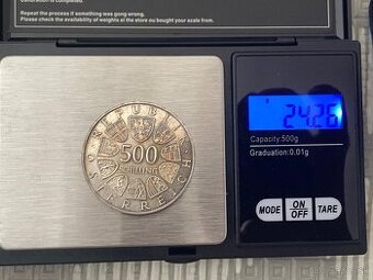 Minca 500 schilling strieborná 24 gramov 1984