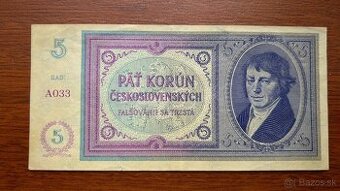 Bankovky 5 korún 1938 nevydaná bez pretlače vzácna 1