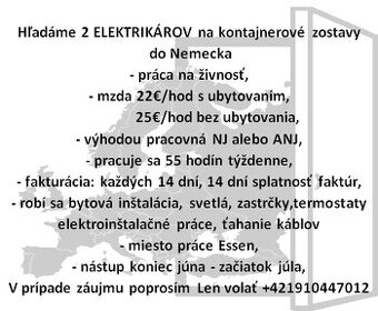 Hľadáme partiu Elektrikárov a pomocníkov do Nemecka