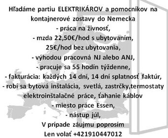 Hľadáme partiu Elektrikárov a pomocníkov do Nemecka