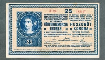 Staré bankovky 25 korun 1918 velmi pěkný stav
