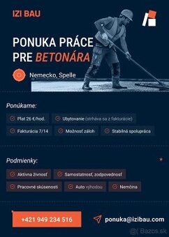 Ponuka práce Nemecko - betonár (26 € / hod.)