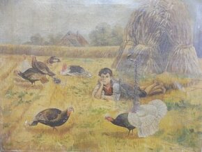 Stará maľba / Pastierka moriek (olej 61 x 50 cm)