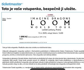Predám 2 lístky na Imagine Dragons – Praha 9.6.2025