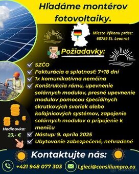Hľadáme montérov fotovoltaiky.