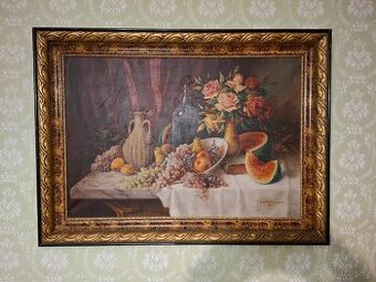 Predám starožitný obraz Zátišie s ovocím a kvetmi