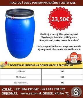 Plastový sud 120L na dažďovú vodu, kvas, olej, krmivo – HDPE