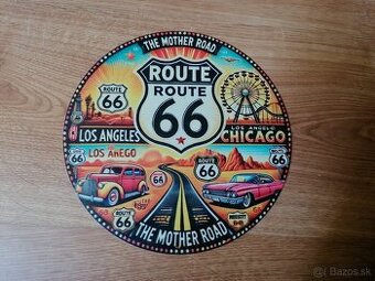 Plechová guľatá tabuľa Route 66 The mother road
