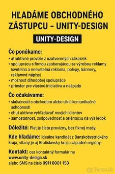 HĽADÁME OBCHODNÉHO ZÁSTUPCU – UNITY-DESIGN