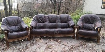 Kožená sedací souprava 3+1+1 s masivním dřevem TOP STAV